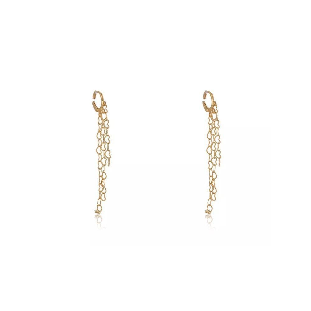 Brinco Argolinha Com Corrente De Coração Folheado