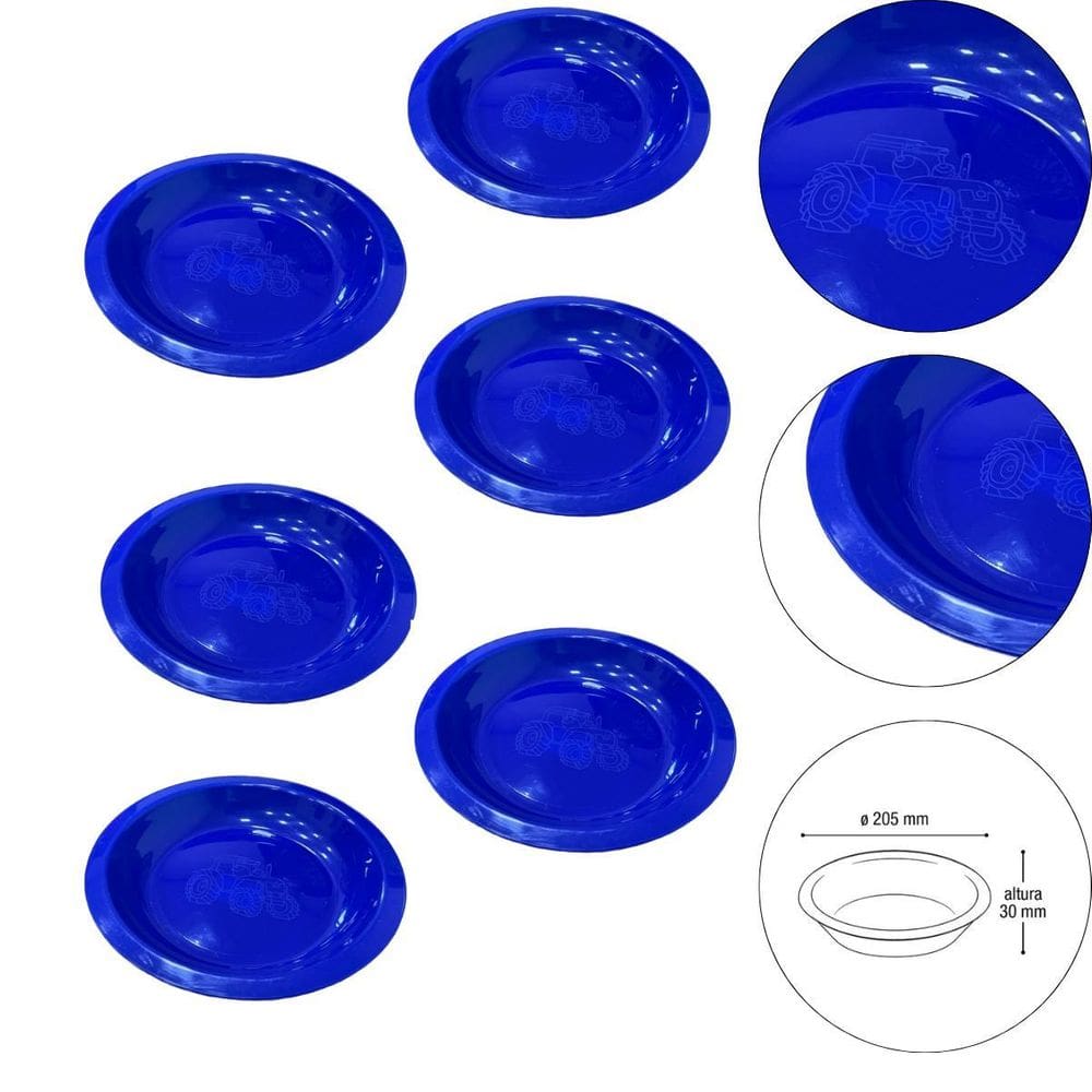 Kit 6 Prato Infantil De Plástico Com Desenho De Trator Azul