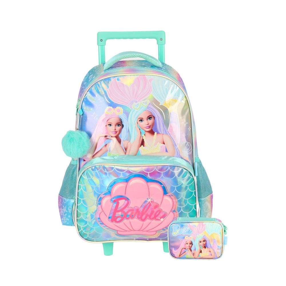 Kit Mochila Rodinha+Estojo Box Barbie Holográfico - Verde
