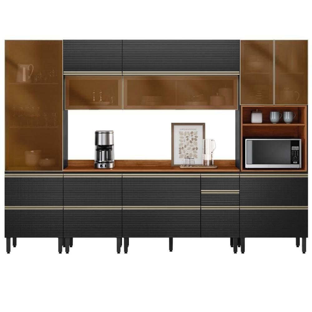 Cozinha Modulada Proença 6 Peças Com Paneleiro 1 Forno E Aéreo 120cm Nogueira Touch/Carbono Prime Tx - Demartêz