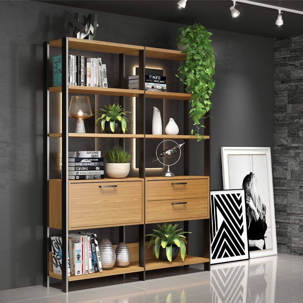 Estante para Livros 2 Gavetas 1 Porta Estilo Industrial E92 Freijó Preto Fosco Dalla Costa