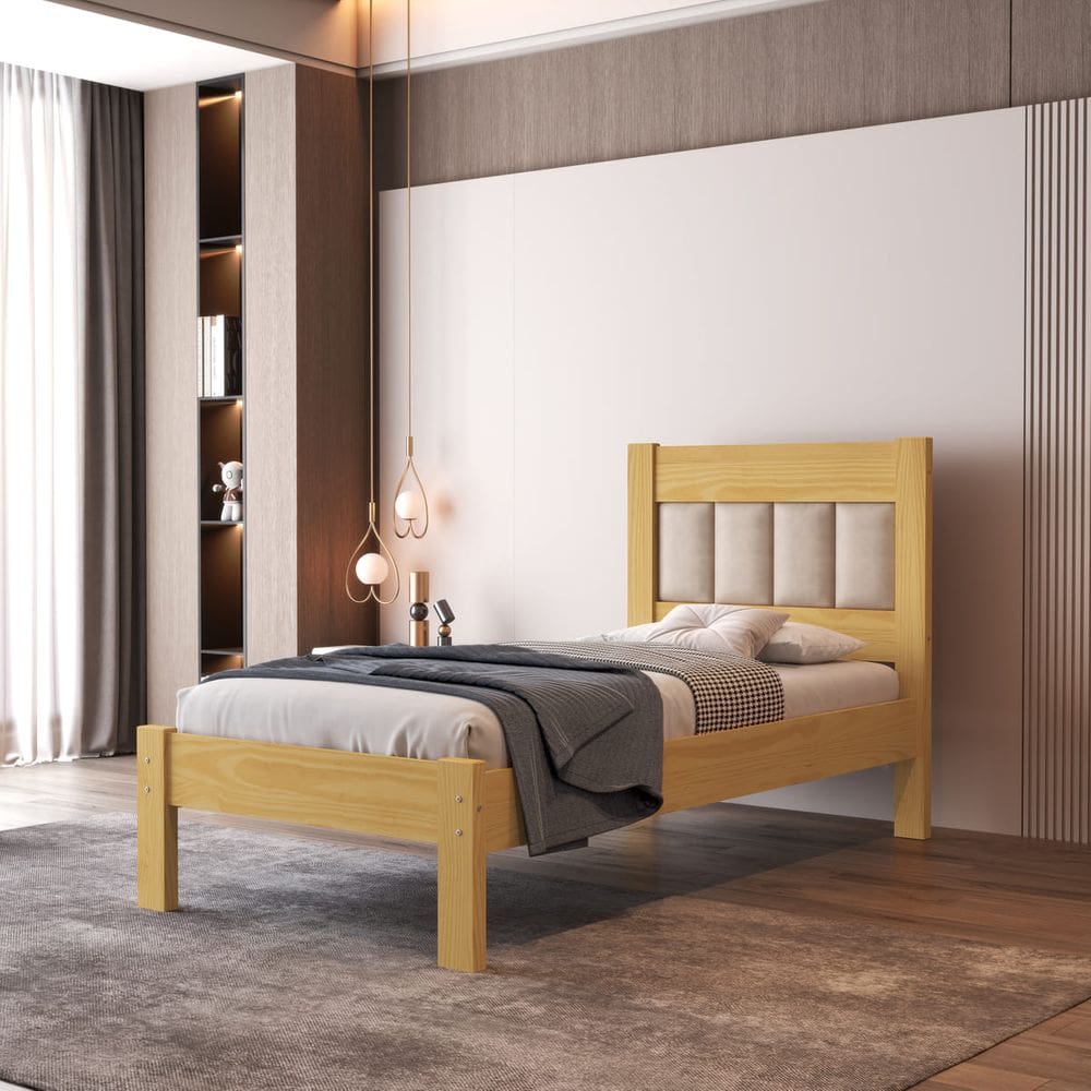 Cama Solteiro 100% Madeira Maciça Pinus Cabeceira Tapeçada Vivare