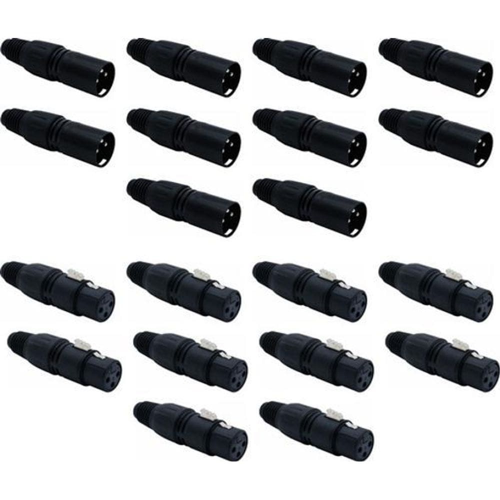 Kit 20 Conector Xlr Canon Femea E Macho Preto Sk013 Sk014