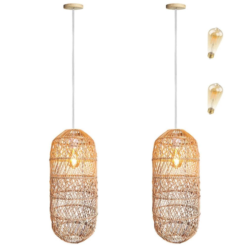 Kit 2 Pendente Fibra Natural Boho Artesanal Mesa Nat74 + Led
