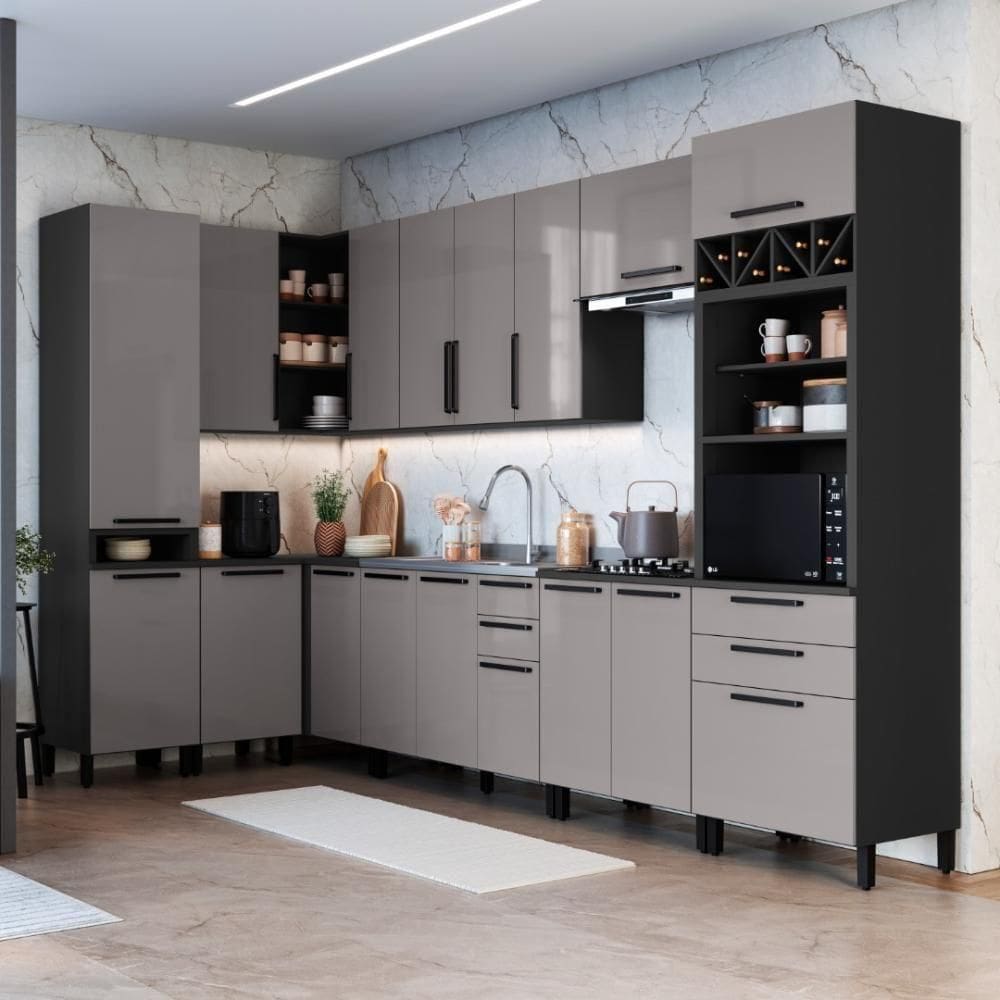 Cozinha Modulada Completa Fidelitá Mônaco 10 Peças 529cm 17 Portas 4 Gavetas Sem Tampo grafite/titânio