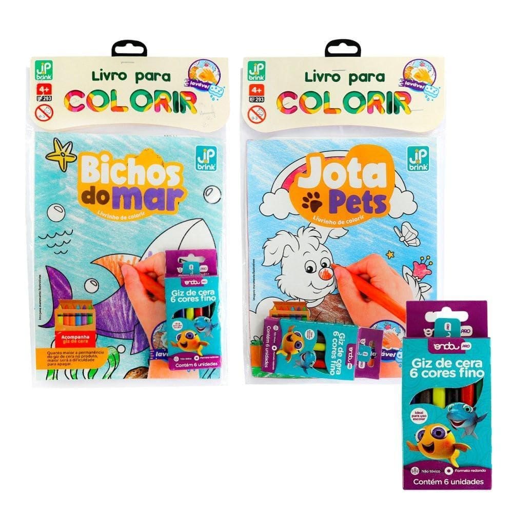 Livro Colorir Infantil Caixa Giz Cera 6 Unidades -