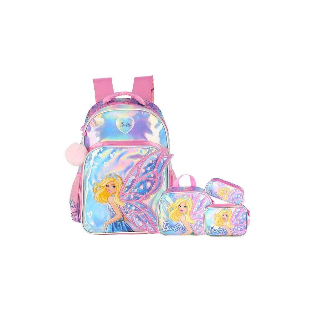 Kit Mochila Costas+Lancheira+Estojos Barbie Brilho - Rosa