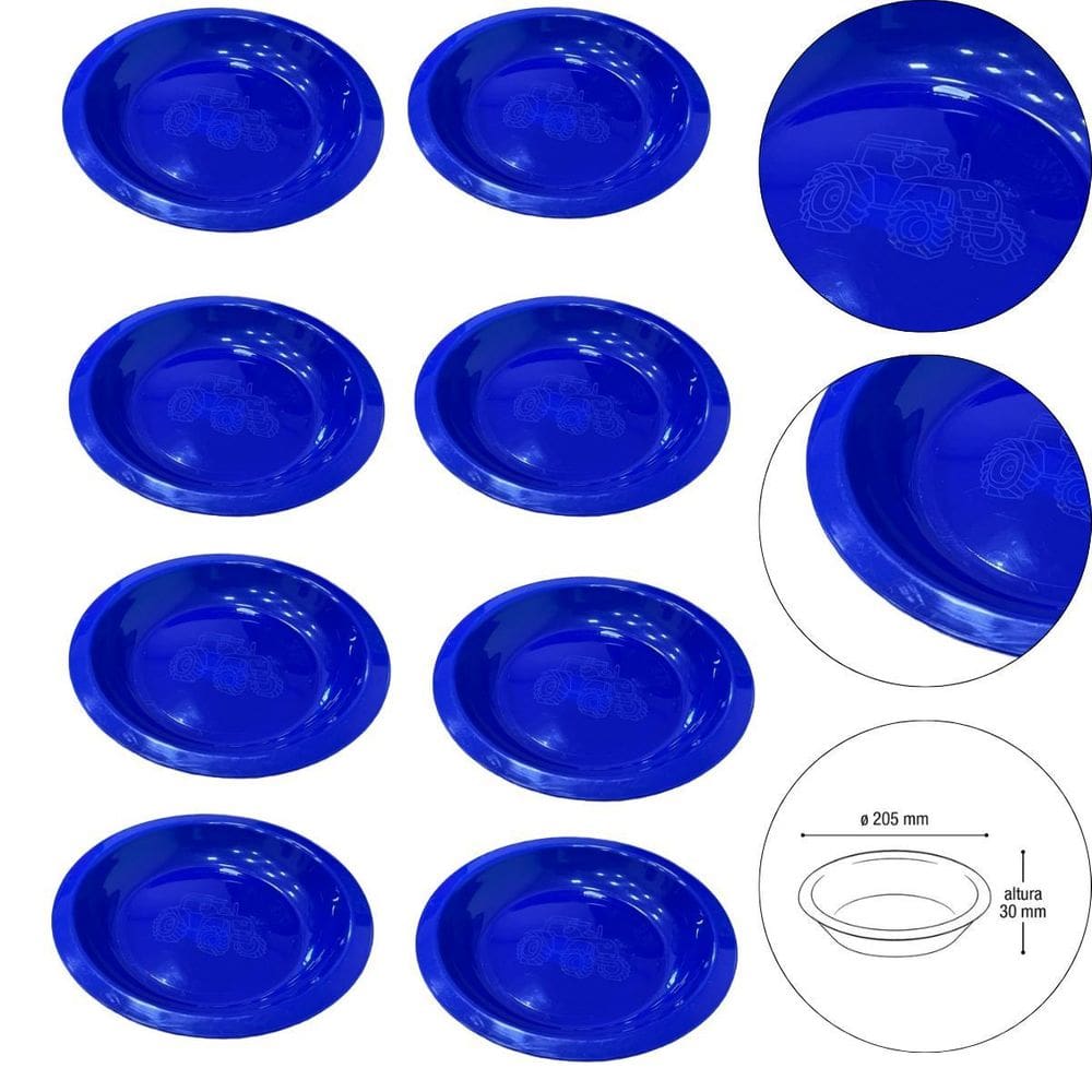 Kit 8 Prato Infantil De Plástico Com Desenho De Trator Azul