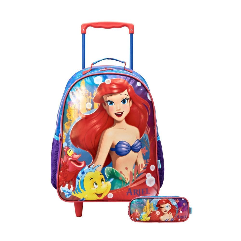 Kit Escolar Mochila De Rodinha + Estojo Duplo Ariel Sereia