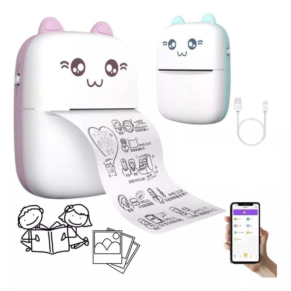 Mini Impressora Térmica Portátil Gatinho Bluetooth Colorida
