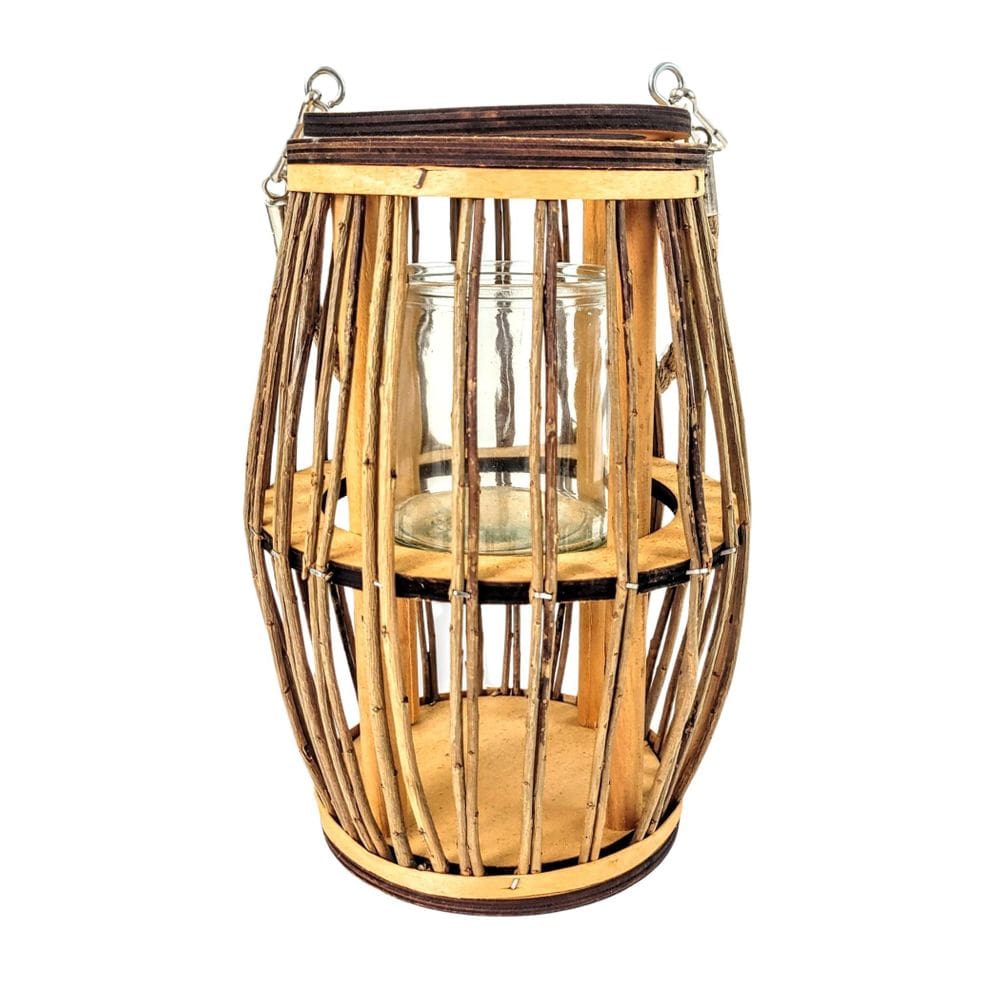 Lanterna Lampião Castiçal Madeira Corda Vidro Rústico 22Cm