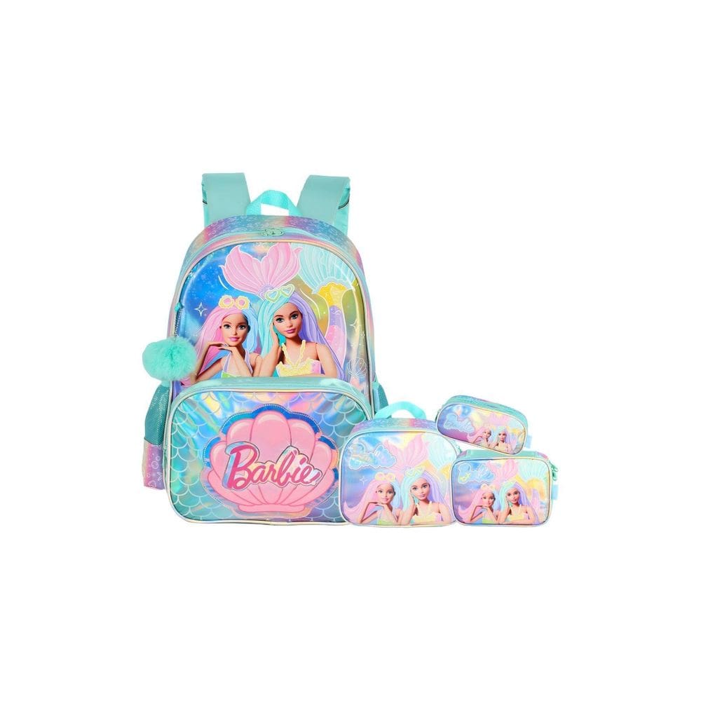 Kit Mochila Costas+Lancheira+Estojos Barbie Brilho - Verde