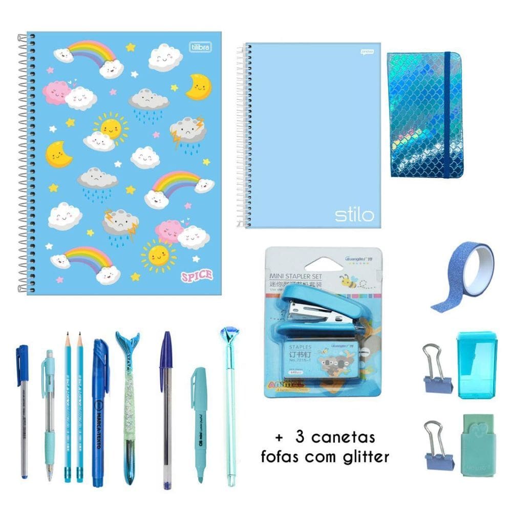 Kit Papelaria Combo Master Tons Azul Studygram Caneta