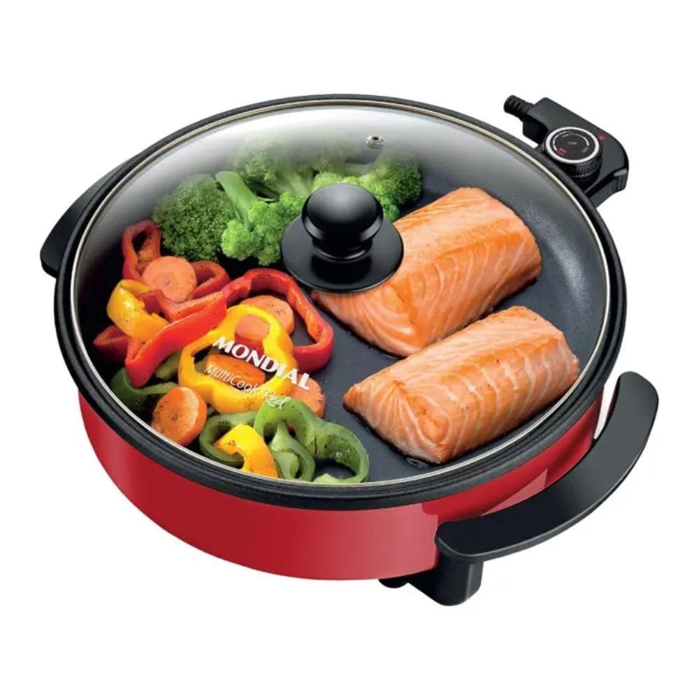 Panela Elétrica Mondial Multifuncional com Grill Redonda Multicook Red 1200W 127V - PE-28