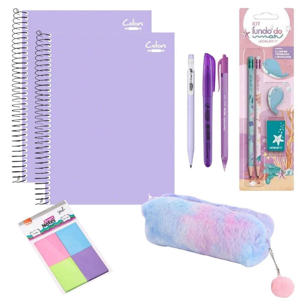 Kit Papelaria Escolar Kawai Fofo Lilas Volta As Aulas