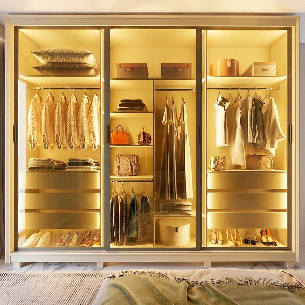 Guarda-roupa Casal 3 Portas Reflecta com Pés e Led 100% Mdf Platinum Off White