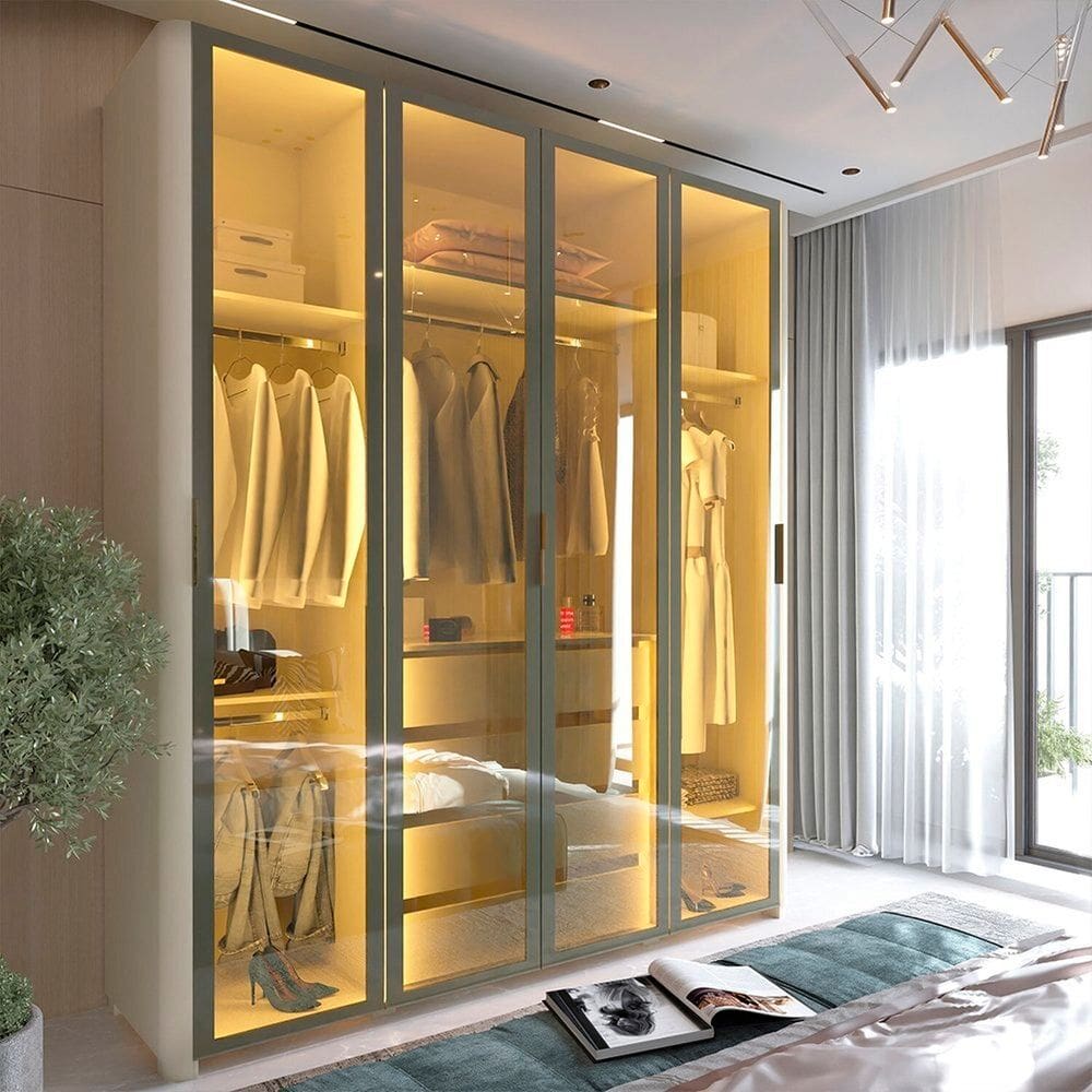 Guarda-roupa Solteiro 4 Portas Reflecta com Pés e Led 100% Mdf Innova Off White