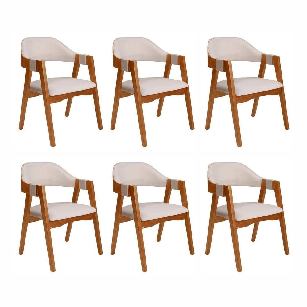 Kit 6 Cadeiras de Madeira Maciça Tauari Estofada e Braço com Corda Náutica Bélgica Espresso Móveis Imbuia/Off White