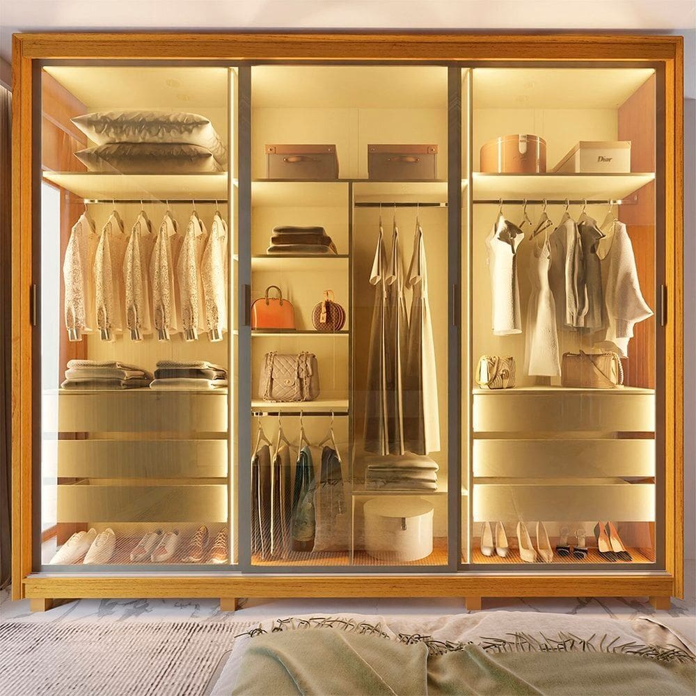 Guarda-roupa Casal 3 Portas Reflecta com Pés e Led 100% Mdf Platinum Naturale