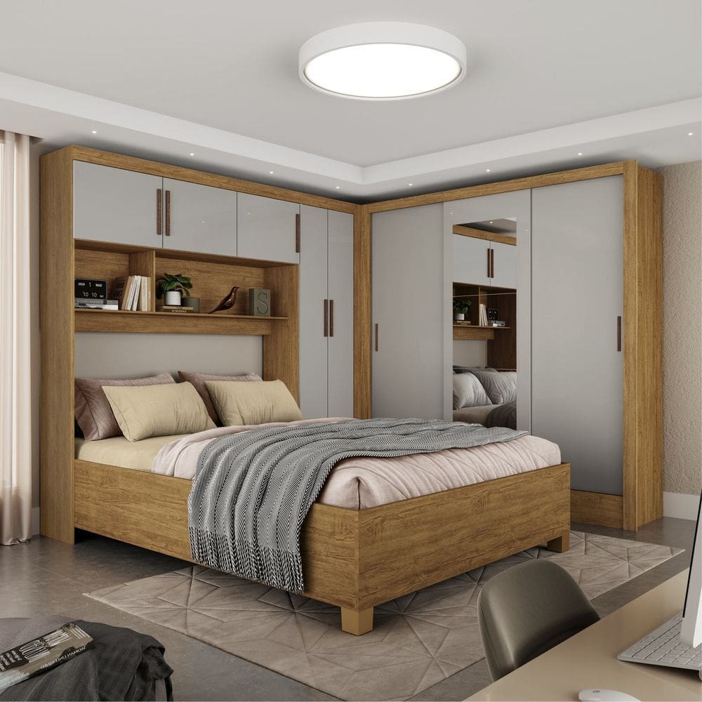 Guarda-roupa Casal Modulado 5 Portas com Cama Santiago 3 Portas com Espelho 5 Gavetas Cinamomo/Off White