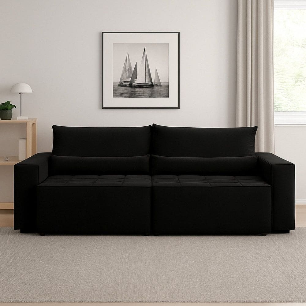 Sofá Cama 240cm Retrátil e Reclinável 4 Lugares Nepal Preto