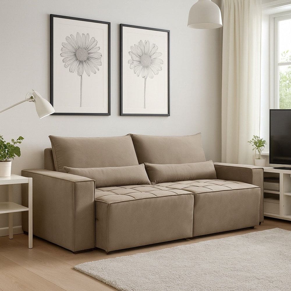 Sofá Cama 240cm Retrátil e Reclinável 4 Lugares Nepal Castor