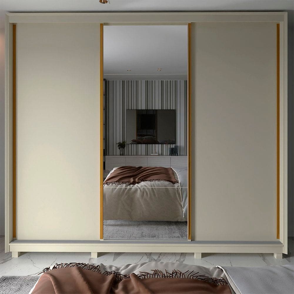 Guarda-roupa Casal 3 Portas com Espelho com Pés 100% Mdf Platinum Off White