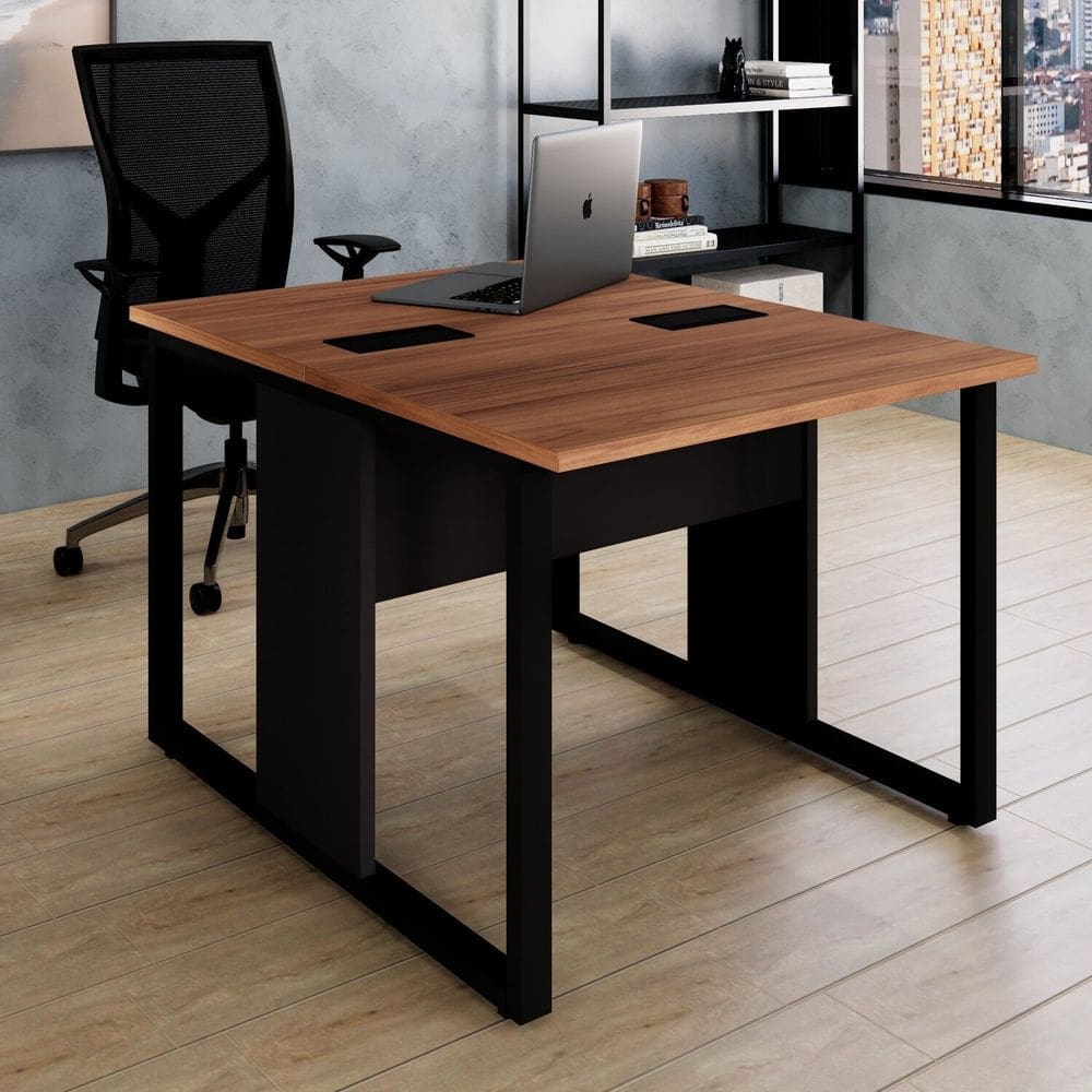 Escrivaninha Dupla Pé Quadrado 90x73cm Expresso Móveis Nogal/Preto