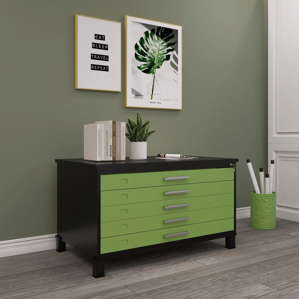 Mapoteca Mont 5 Gavetas 71,3cm X 120,4cm Aço Preto/Verde