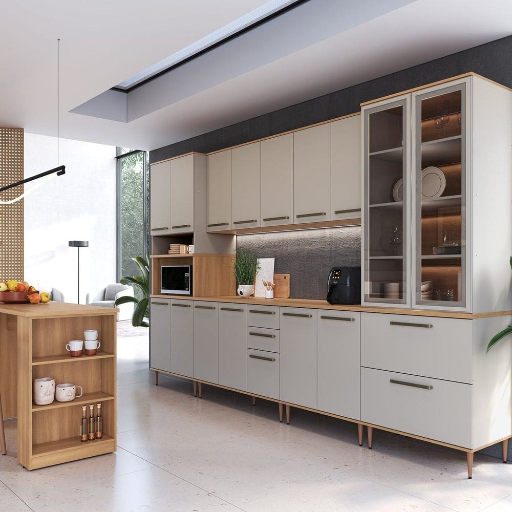 Cozinha Modulada Completa 8 Peças com Cristaleira 16 Portas 2 Gavetas 2 Gavetões 1 Bancada Isabelle Freijó / Arenas