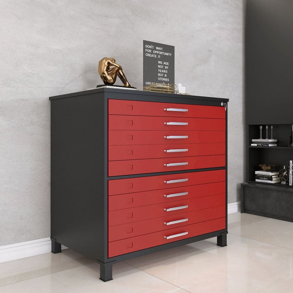 Mapoteca 10 Gavetas 120,4cm X 122,3cm Aço Preto/Vermelho
