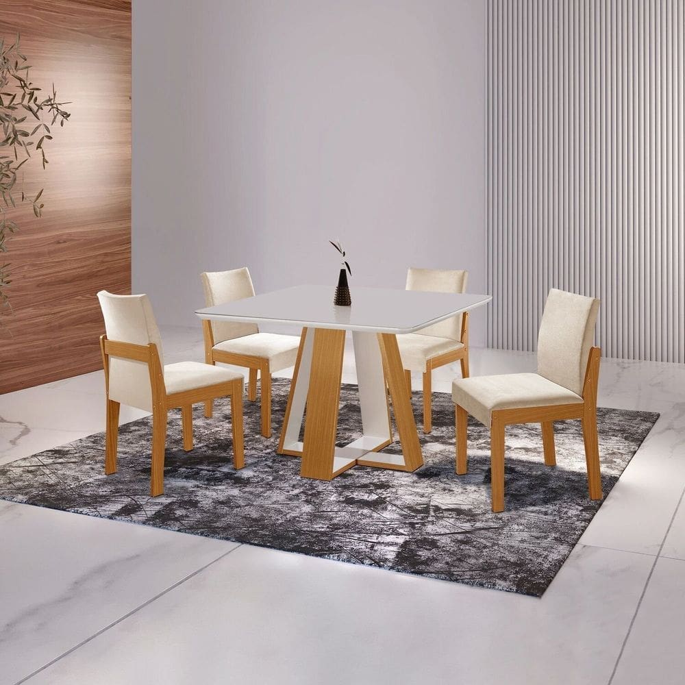 Conjunto Sala de Jantar Grécia 4 Cadeiras Mônaco Castanho Cinamomo/Creme/Off White
