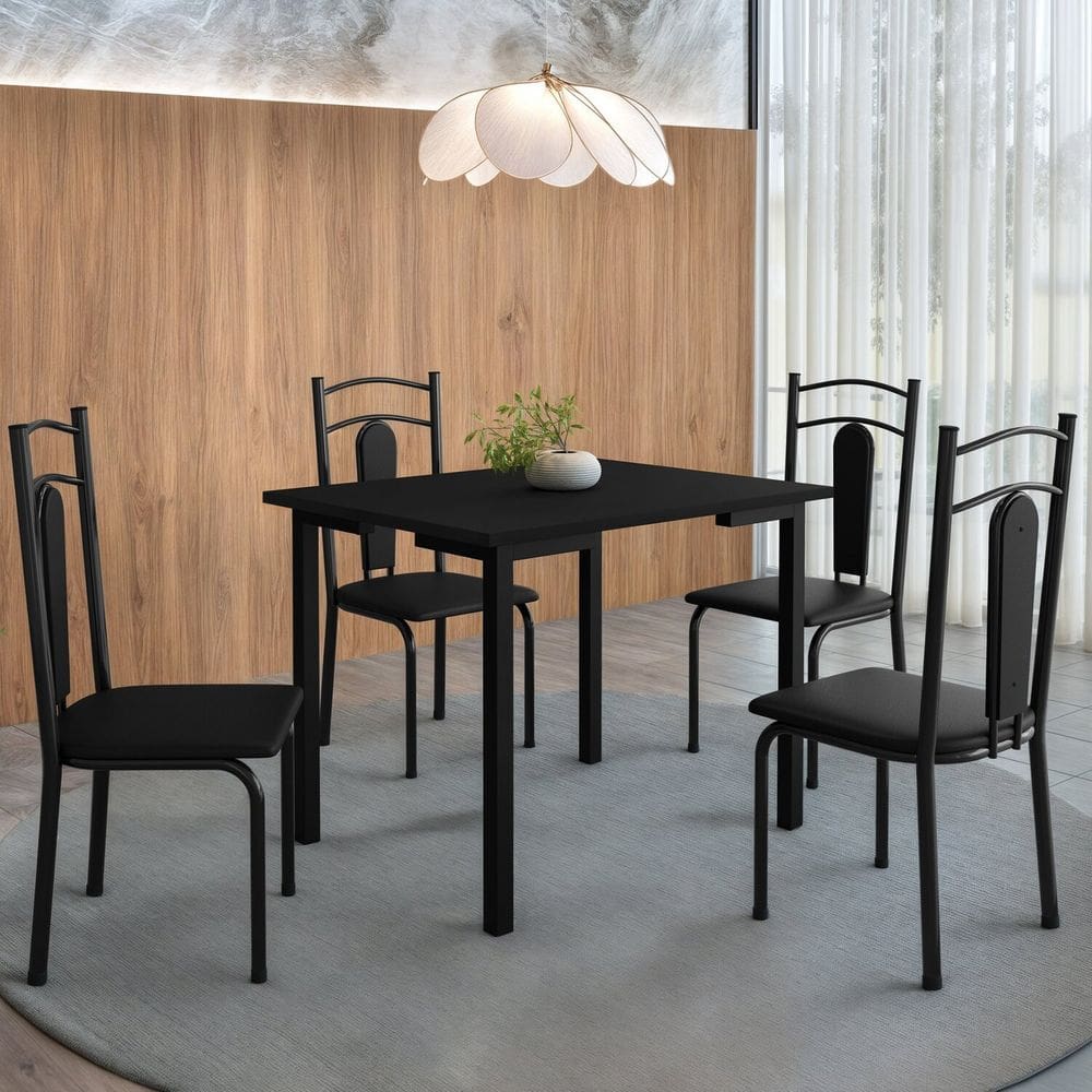 Mesa Compact 109x77cm Tampo em Mdf com 4 Cadeiras Estofadas Madri Preto