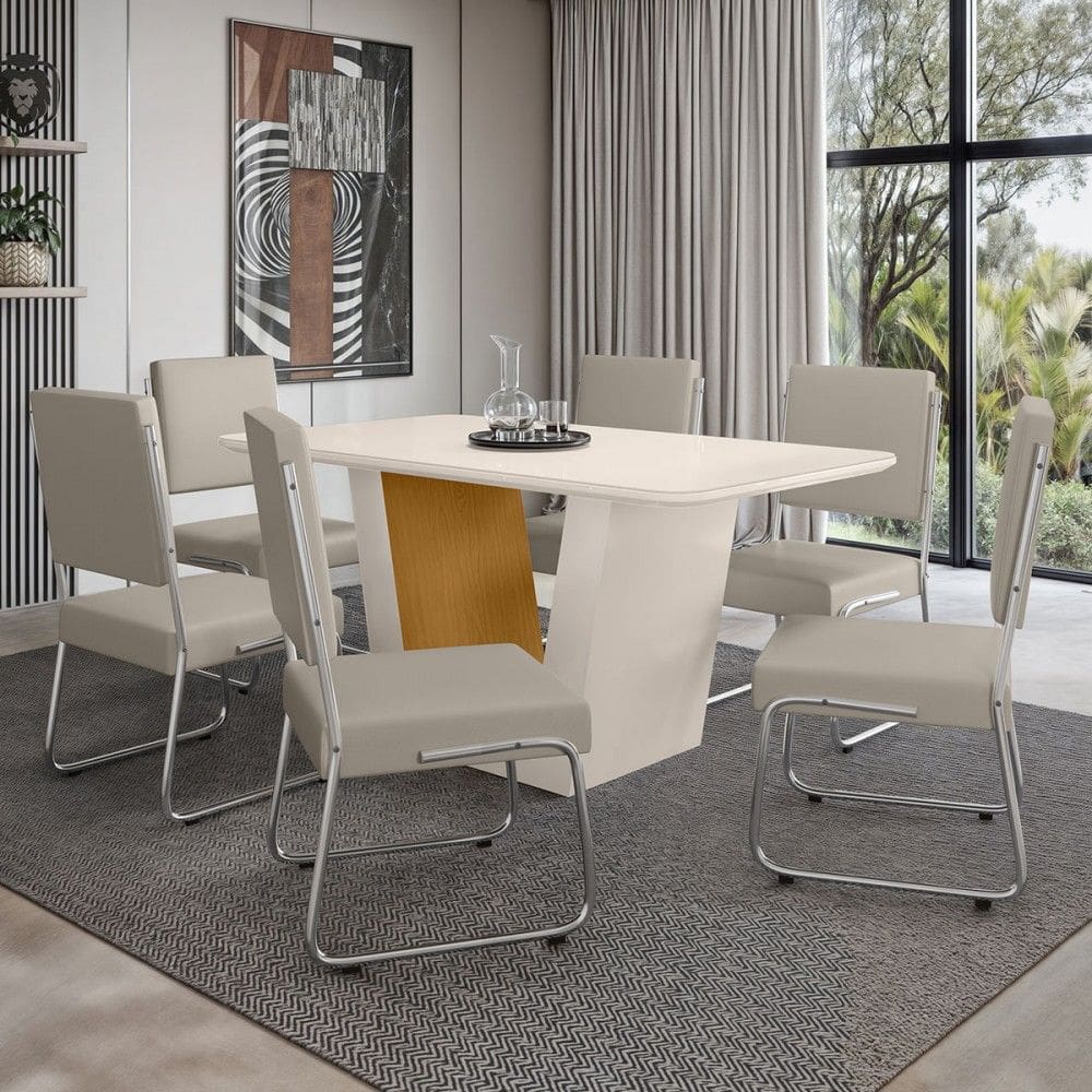 Mesa de Jantar 6 Lugares Viena Monaco com Vidro Cromado/Natural/Off White - Art Panta
