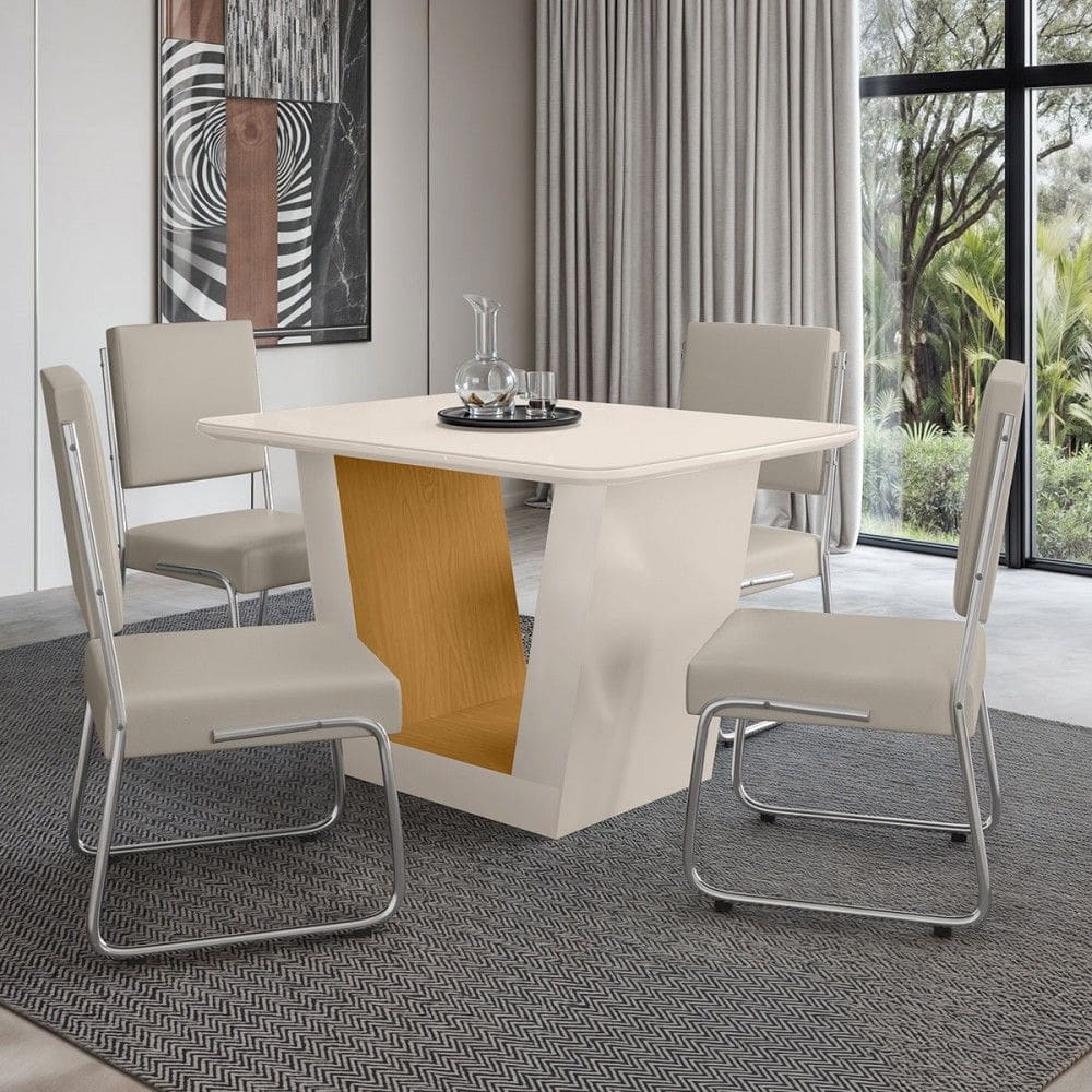 Mesa de Jantar 4 Lugares Viena Monaco com Vidro Cromado/Off White/Natural - Art Panta