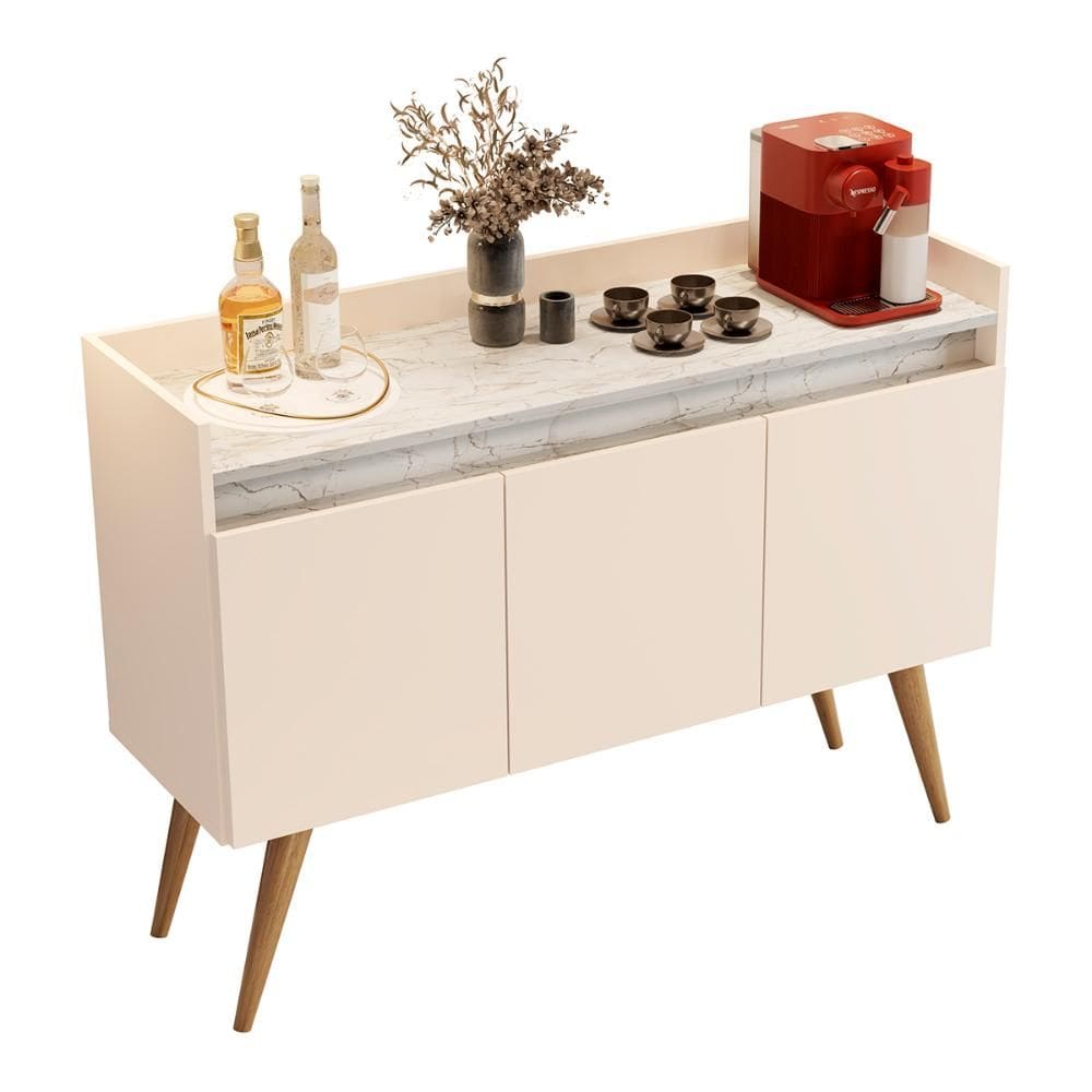 Aparador Buffet Gold Marmorizado 3 Portas Pés Madeira Maciça