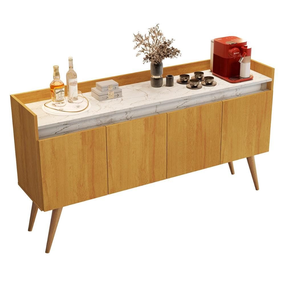 Aparador Buffet Gold Marmorizado 4 Portas Pés Madeira Maciça
