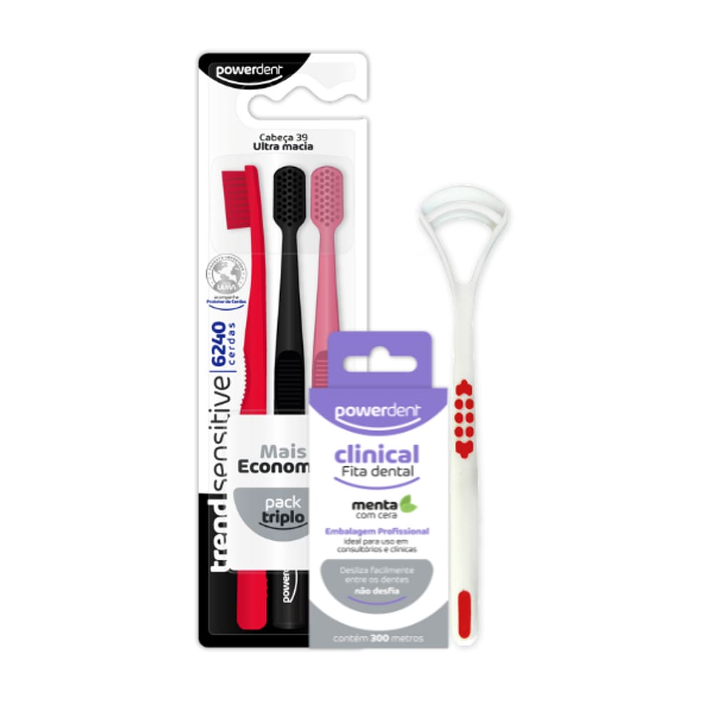 Kit Básico Escovação Powerdent Escova+Fio+Raspador