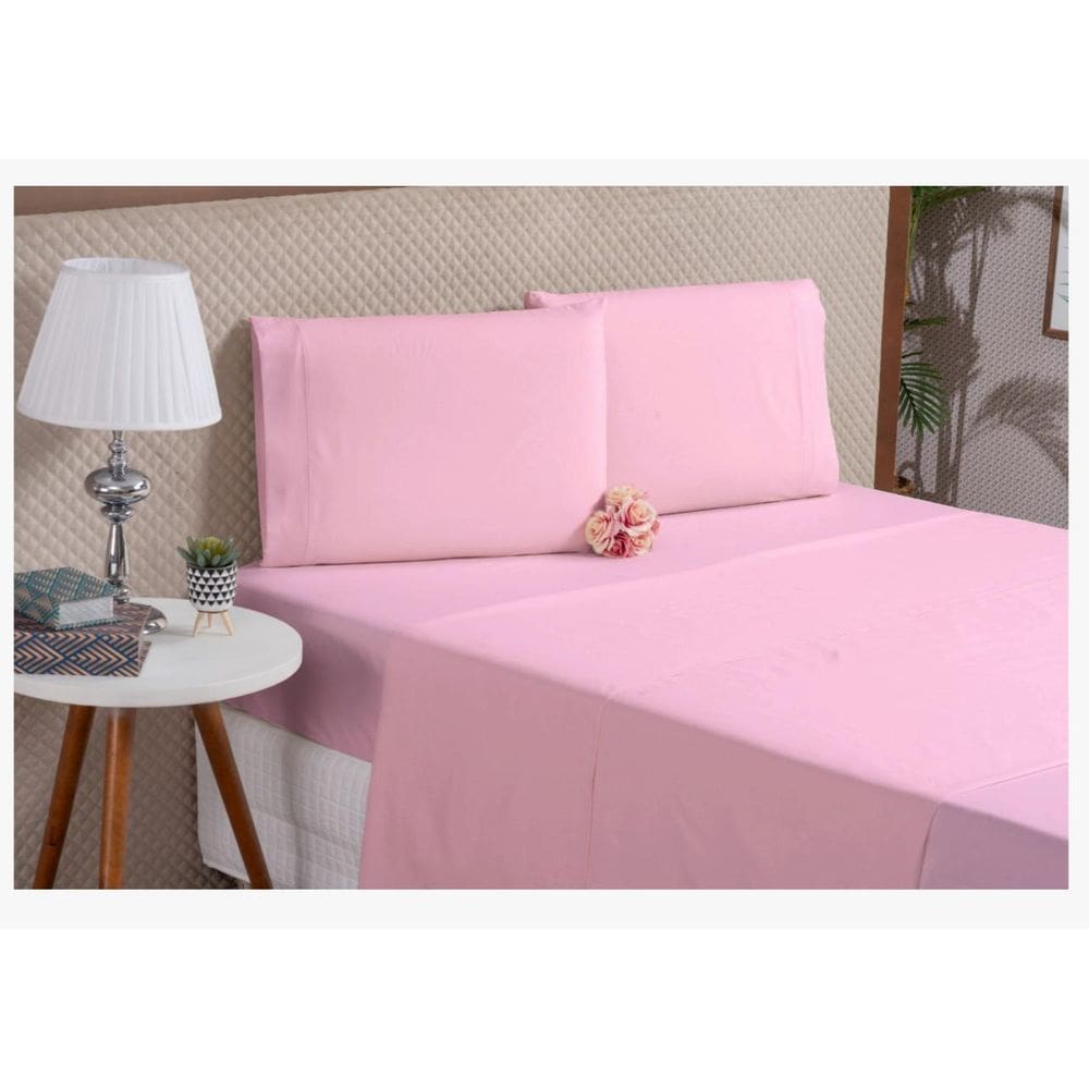 Kit Lençol 4 Peças Fronha Ponto Palito Algodão Rosa King