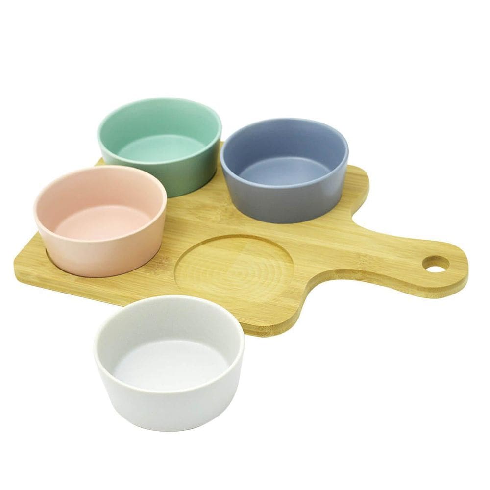 Petisqueira De Bambu Com 4 Bowls De Ceramida Colorido