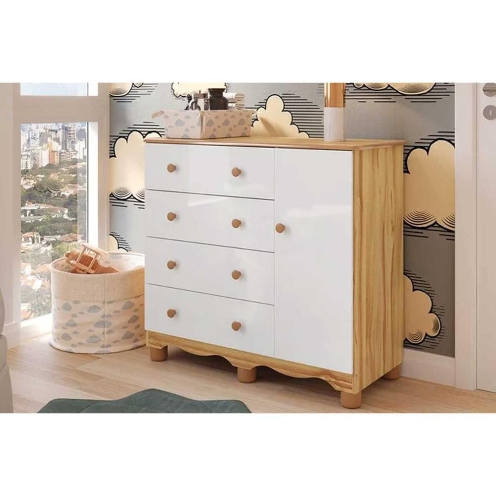 Cômoda Infantil Junior c/ 1 Porta e 4 Gavetas Branco/Amendoa - Peroba