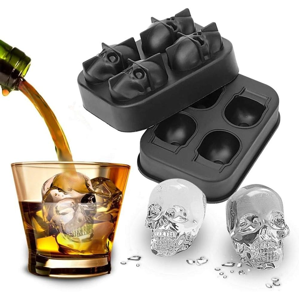 Kit 2 Formas De Gelo Caveira Crânio 3D Silicone Com 4 Unidades Cada Caveiras Skull