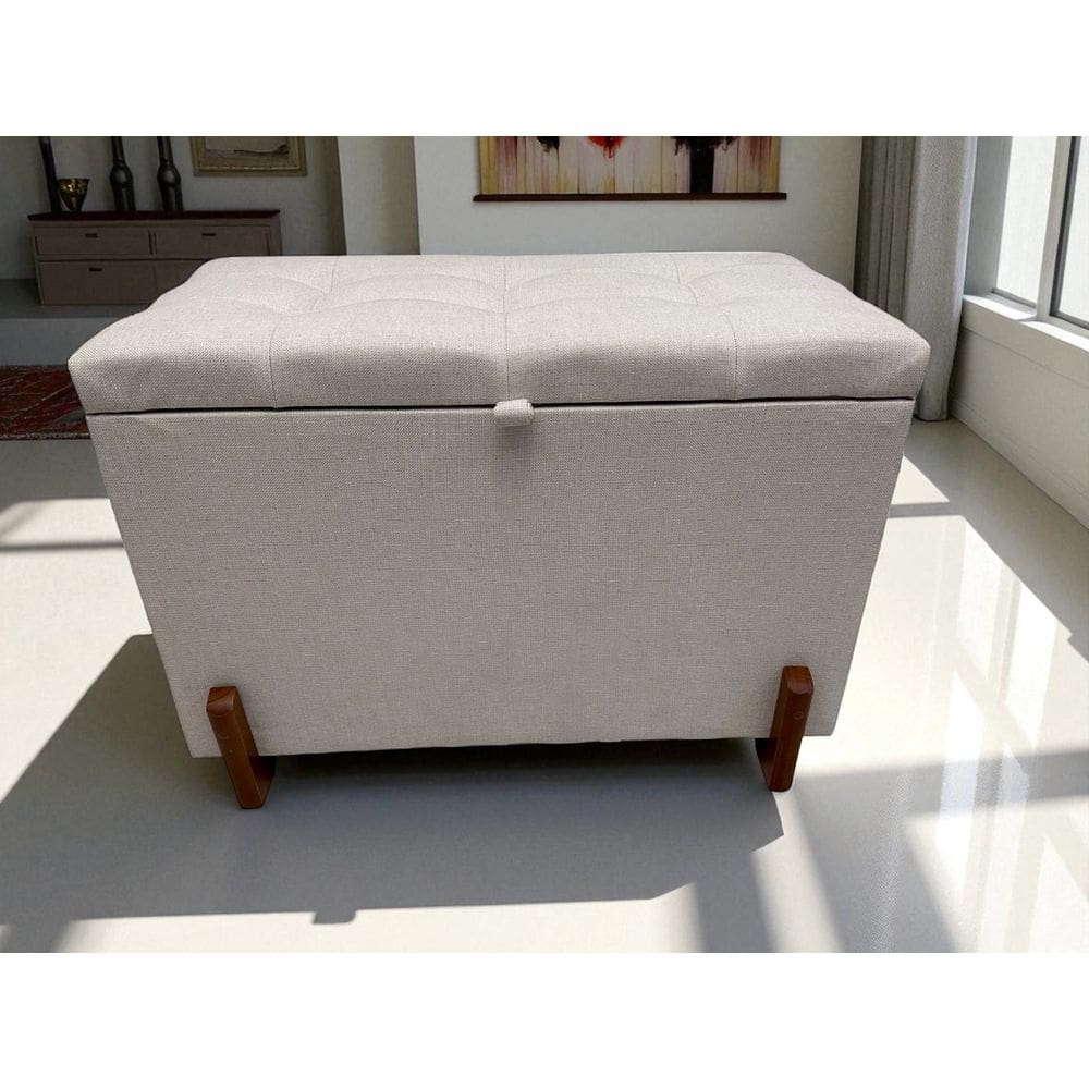 Puff Baú Paris Estofado 68 Cm Linho Nobre Pés/ Madeira Creme