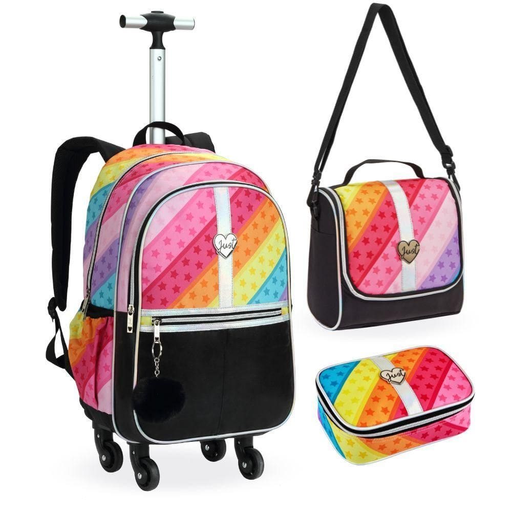 Kit Mochila De Rodinhas + Lancheira Térmica + Estojo Box Just Love Denlex Neon