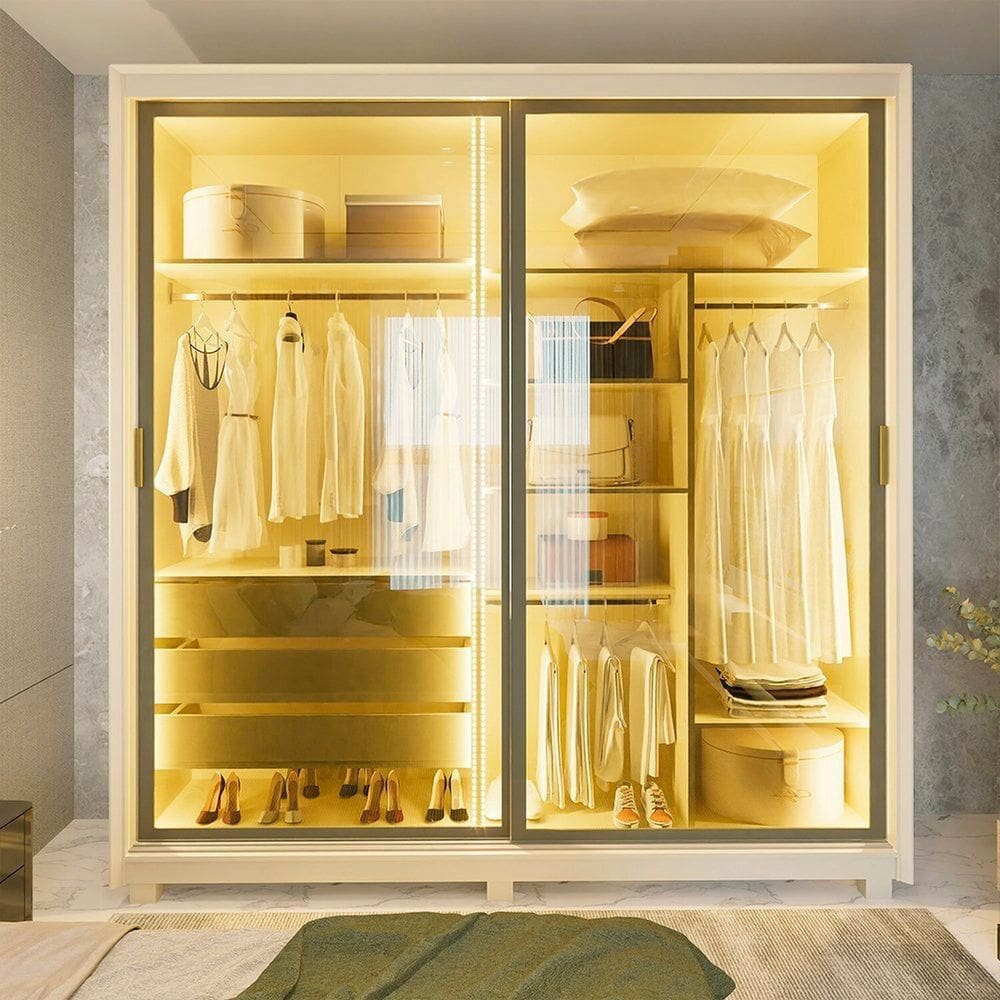 Guarda-roupa Casal 2 Portas Reflecta com Pés e Led 100% Mdf Platinum Off White