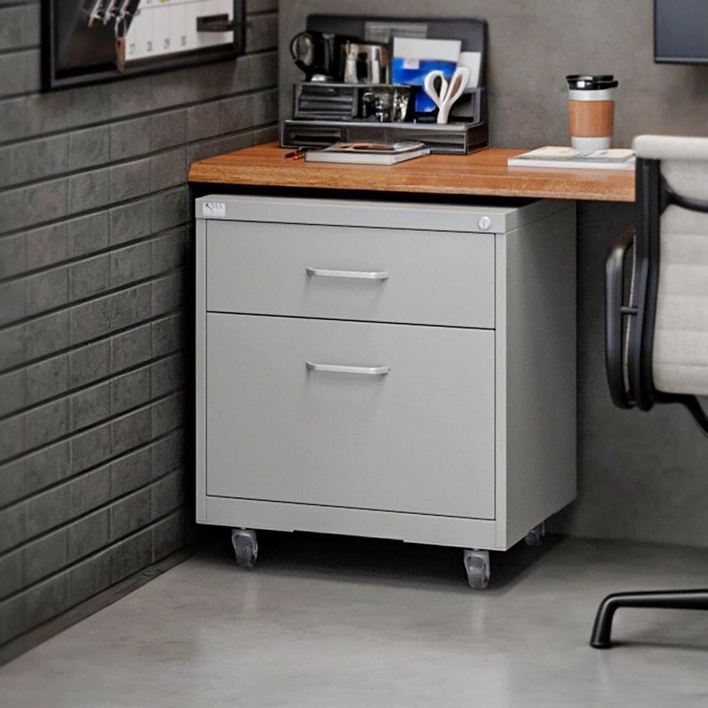 Gaveteiro de Aço 2 Gavetas com Rodízios com Chave Cinza