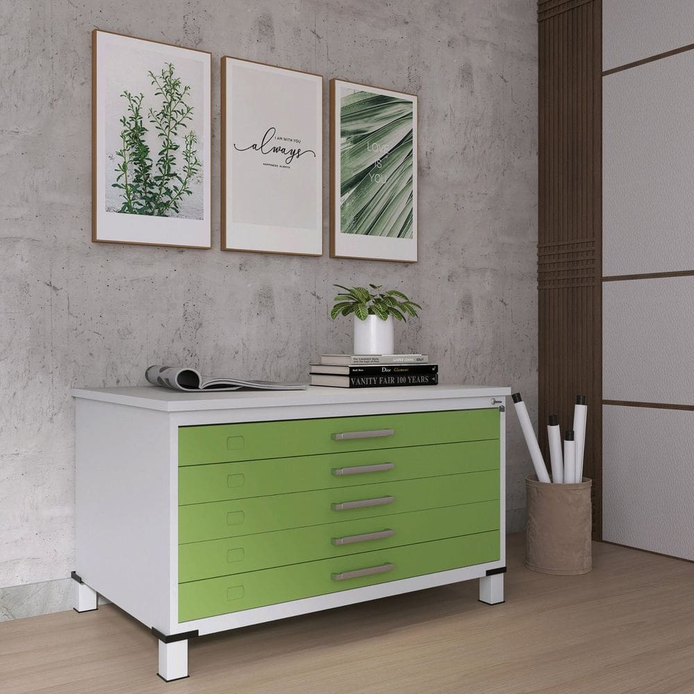 Mapoteca Mont 5 Gavetas 71,3cm X 120,4cm Aço Branco/Verde Miró