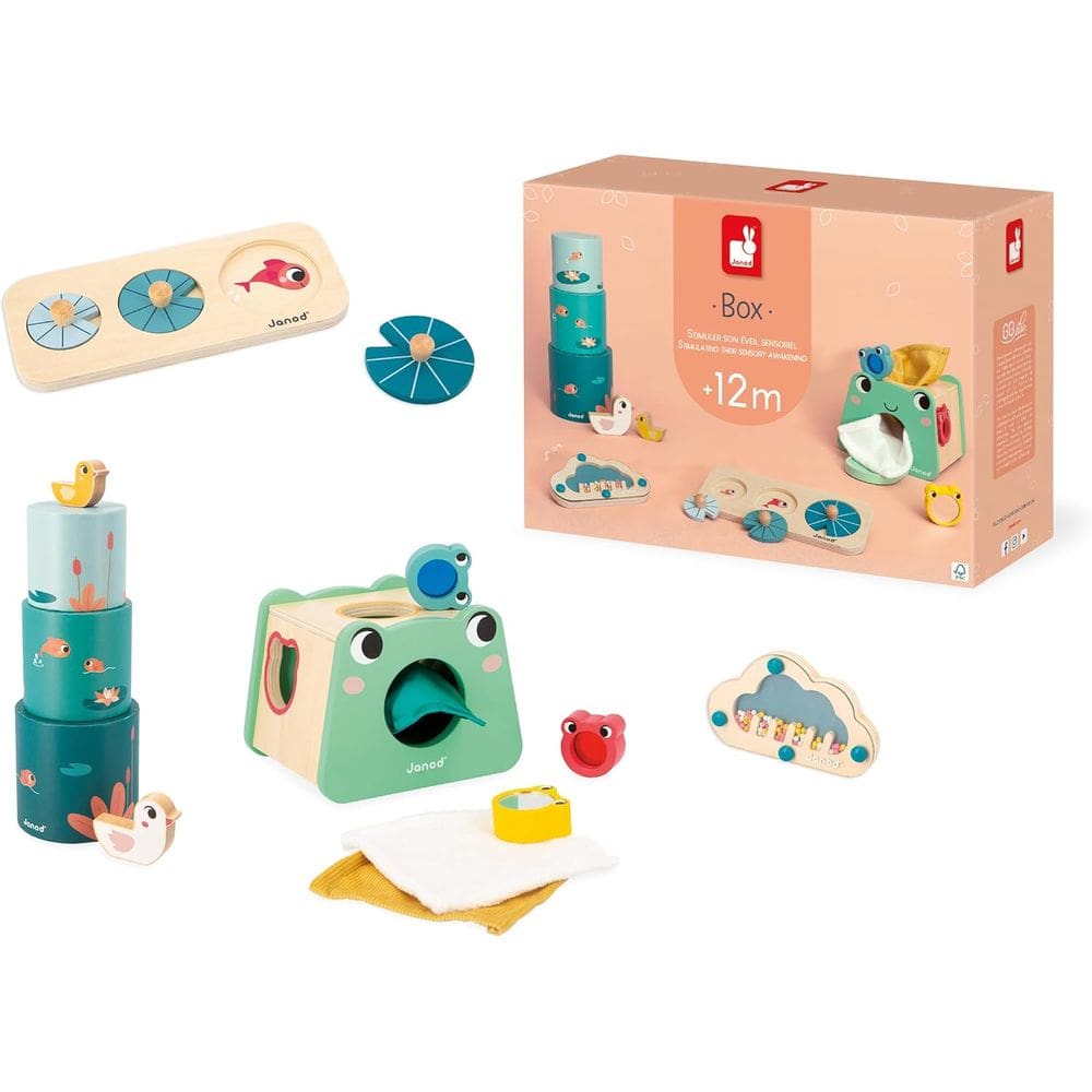 Kit Brinquedos Educativos Janod Box Madeira Sensorial Infantil para Bebê 12 Meses+