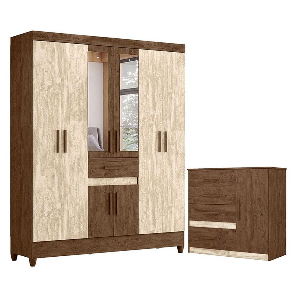 Guarda Roupa Casal Portugal com Espelho e Cômoda Vênus Castanho Avelã Wood - Moval