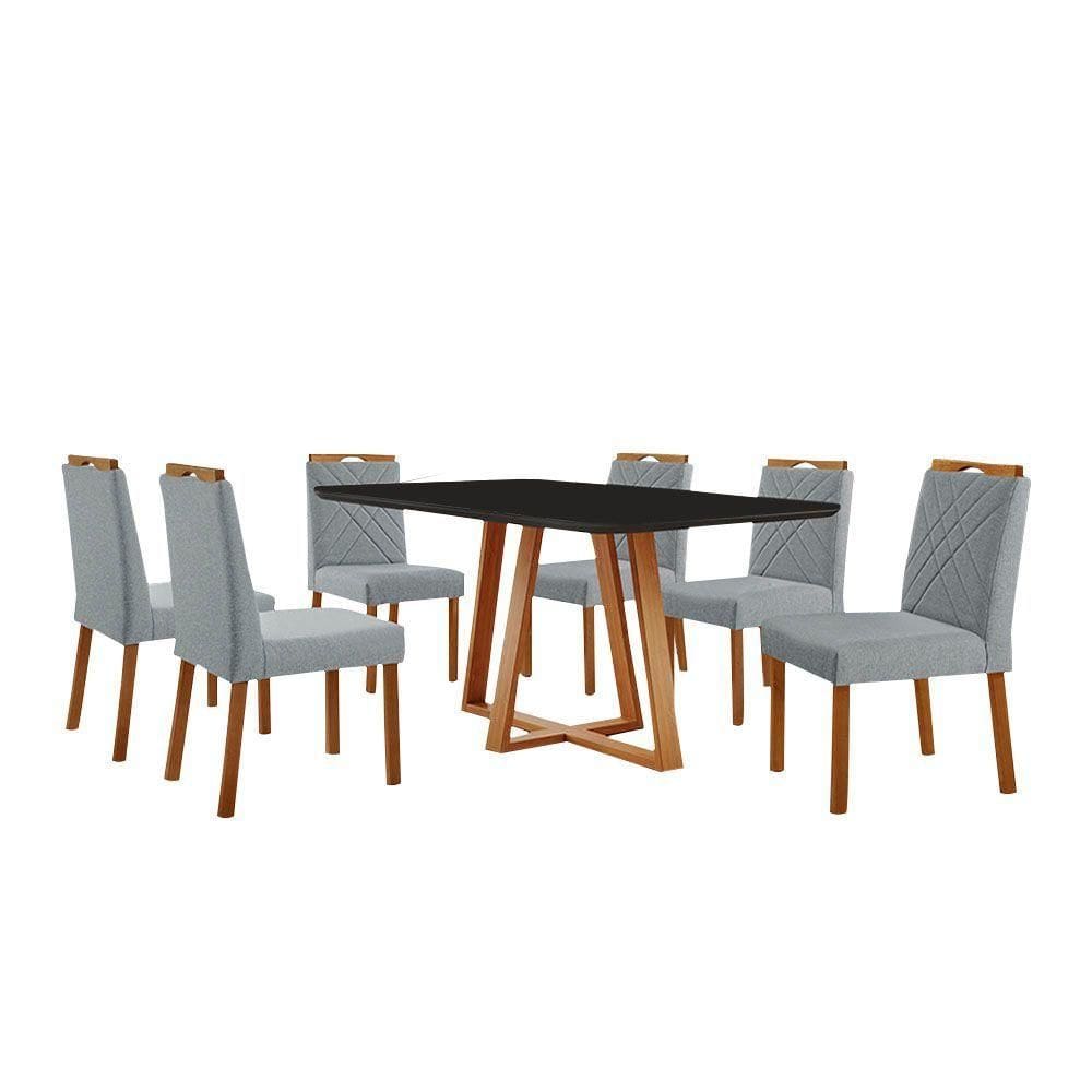 Conjunto Sala De Jantar Mesa Florença 160x90cm Preto Com 6 Cadeiras Dallas Linho Cinza